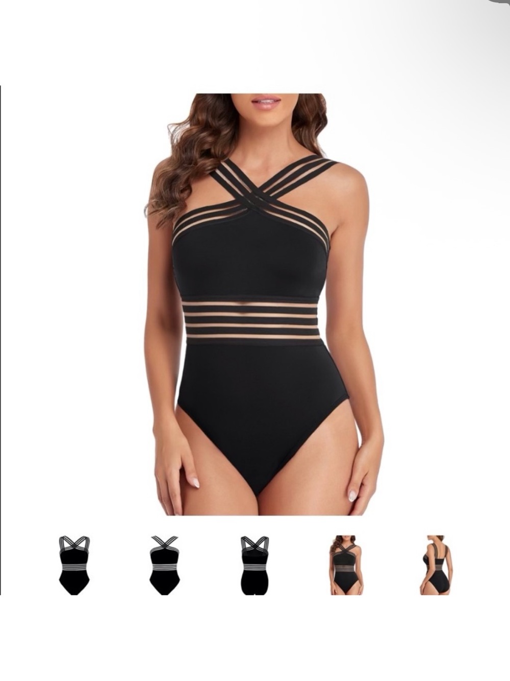 Black Crisscross Mesh-Detail One-Piece Swimsuit - Women Swim - Picture 4 of 5